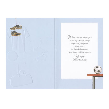Front of this card features illustrations of football gear with the text 'For You Son On Your Birthday Have A Fantastic Day'.