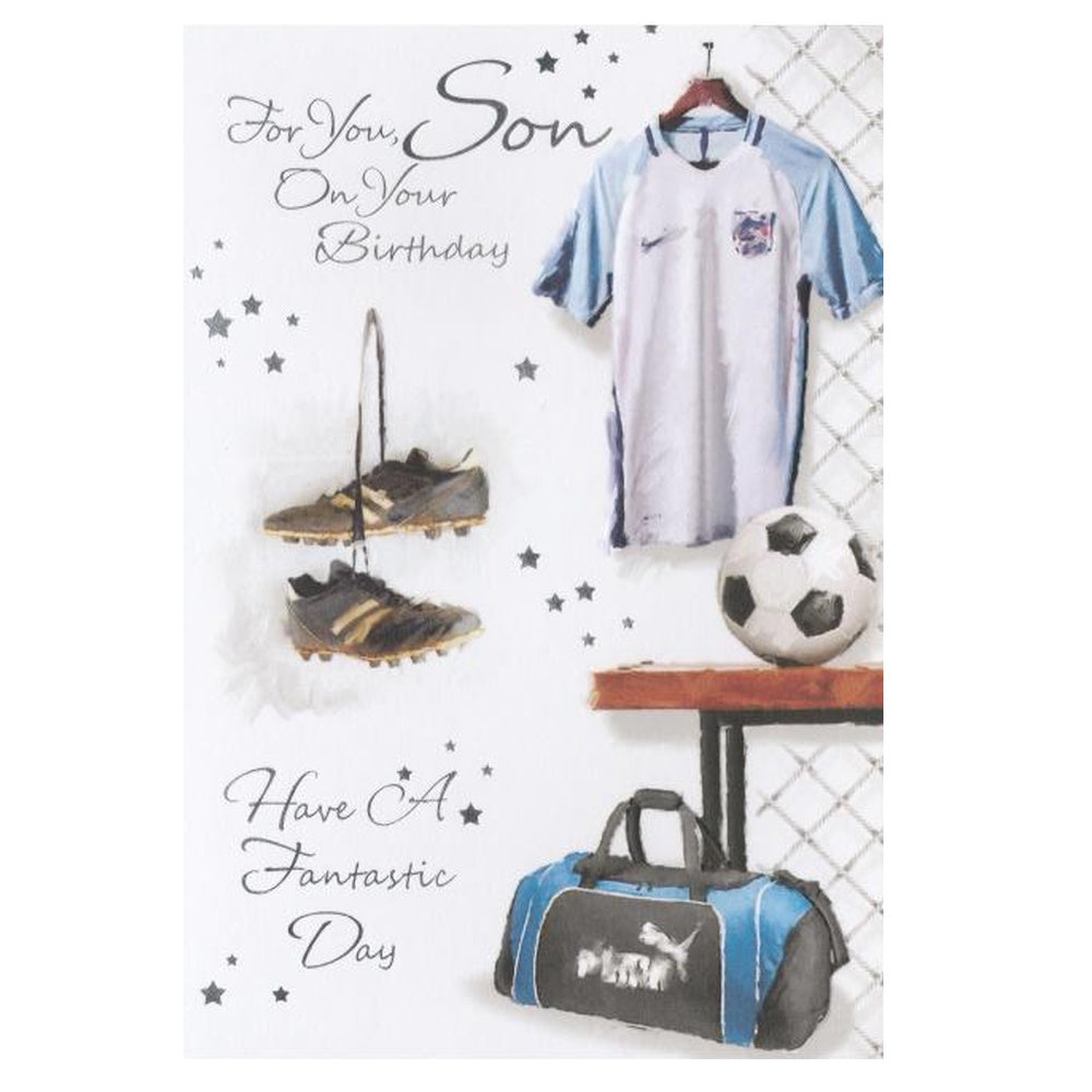 Front of this card features illustrations of football gear with the text 'For You Son On Your Birthday Have A Fantastic Day'.