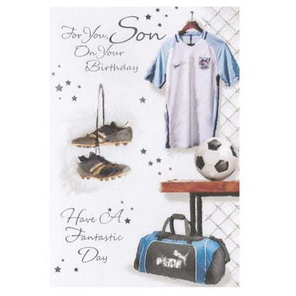 Front of this card features illustrations of football gear with the text 'For You Son On Your Birthday Have A Fantastic Day'.