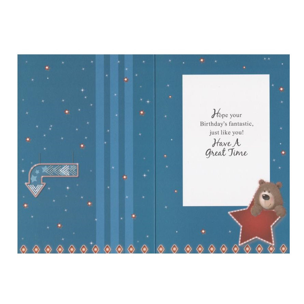 Front of this card features an illustration of a bear with signs, paired with a message.