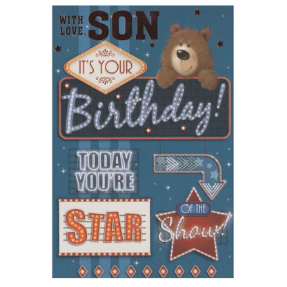 Front of this card features an illustration of a bear with signs, paired with a message.