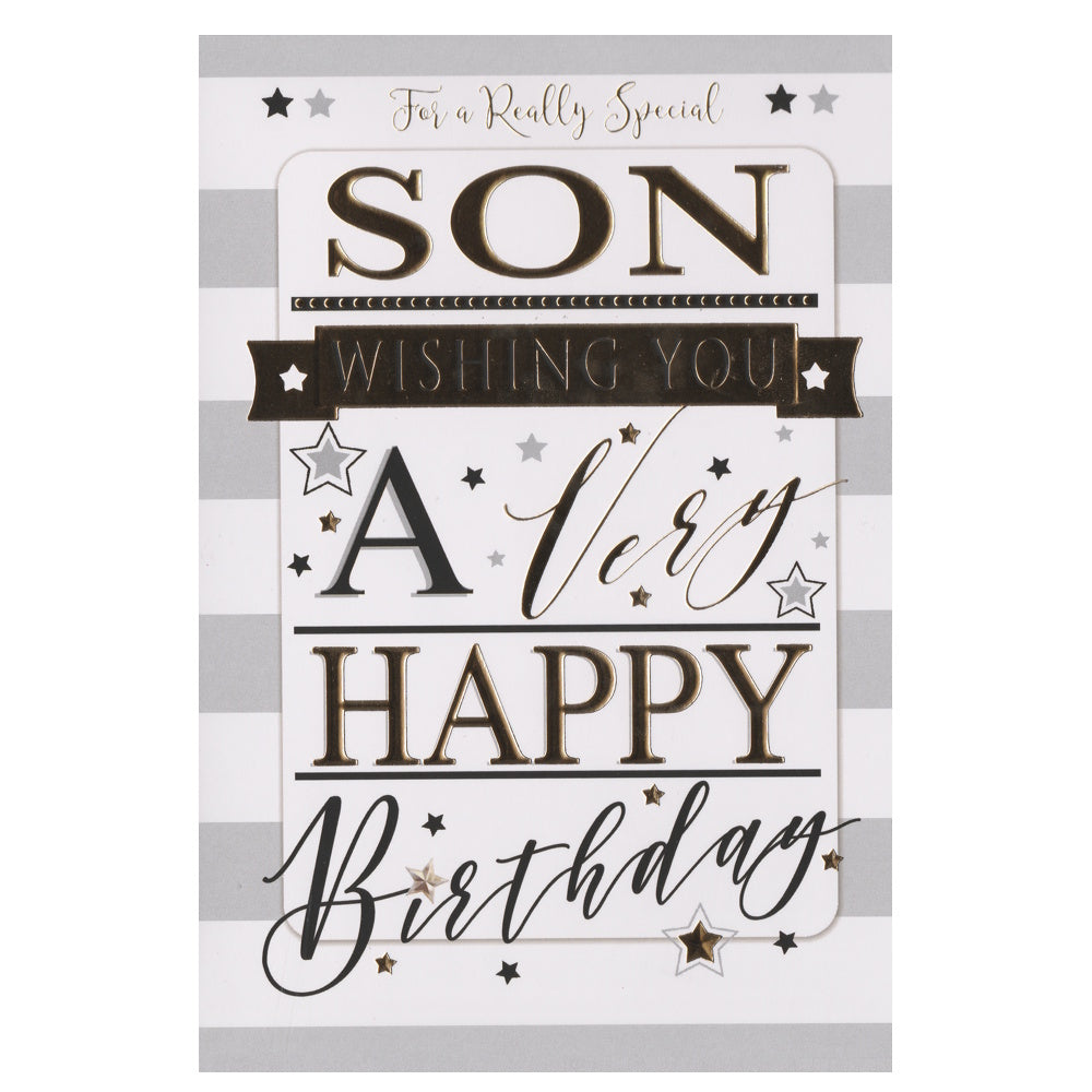 Front of this card features the text "FOR A REALLY SPECIAL SON WISHING YOU A VERY HAPPY BIRTHDAY" on a striped background.