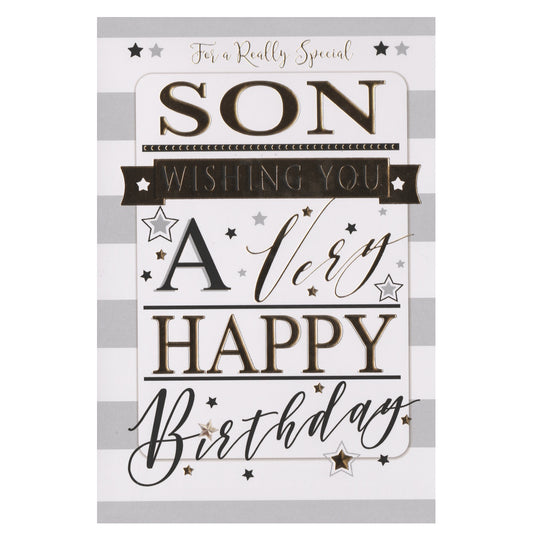 Front of this card features the text "FOR A REALLY SPECIAL SON WISHING YOU A VERY HAPPY BIRTHDAY" on a striped background.