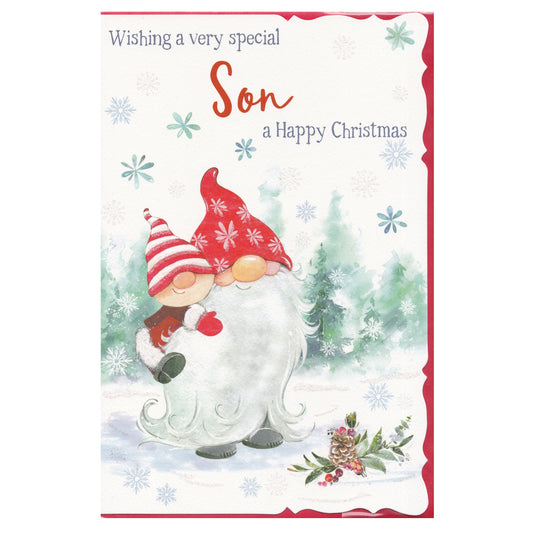 Front of this son Christmas card features an illustration of a dad gnome and a little son gnome, paired with a message.