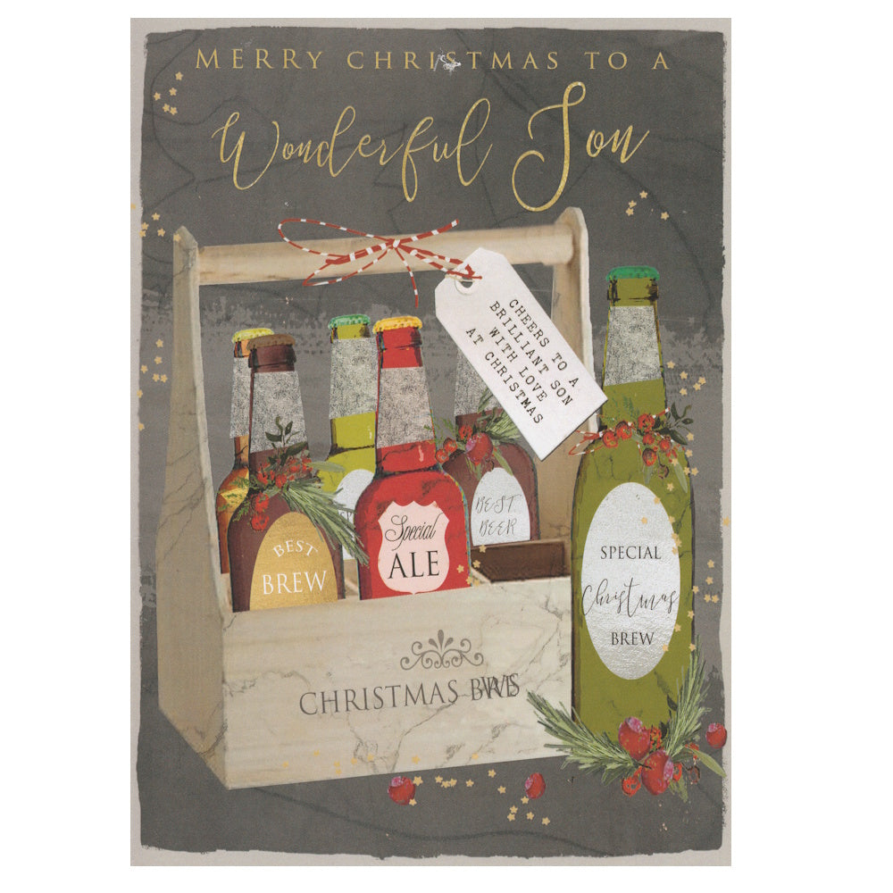 Front of this son christmas card features an illustration of a drinks caddy filled with various ales, paired with a message,