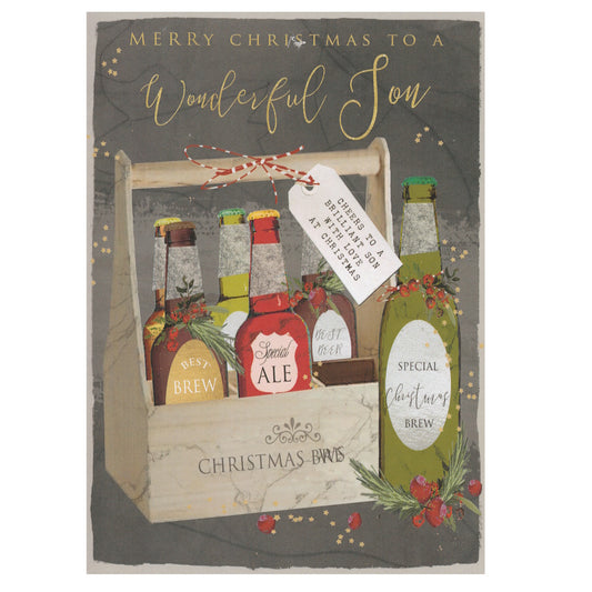 Front of this son christmas card features an illustration of a drinks caddy filled with various ales, paired with a message,