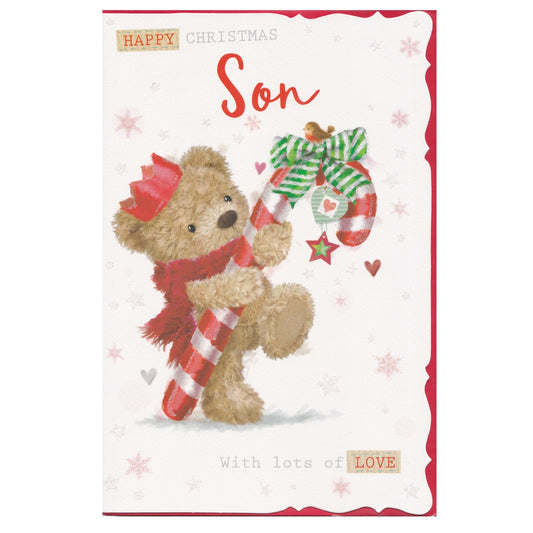 Front of this son Christmas card features an illustration of a teddy bear holding a large candy cane with a bow and robin perched on the top, paired with a message.