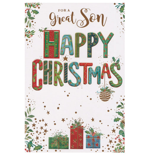 Front of this son Christmas card features an illustration of Christmas presents, with the text 'FOR A Great Son HAPPY CHRISTMAS'.