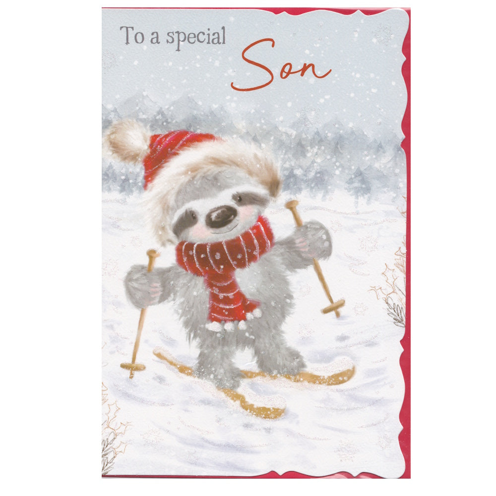 Front of this son Christmas card features an illustration of a sloth on a pair of skis with the text 'To a special Son'.