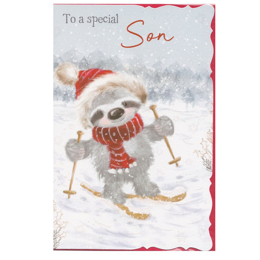 Front of this son Christmas card features an illustration of a sloth on a pair of skis with the text 'To a special Son'.