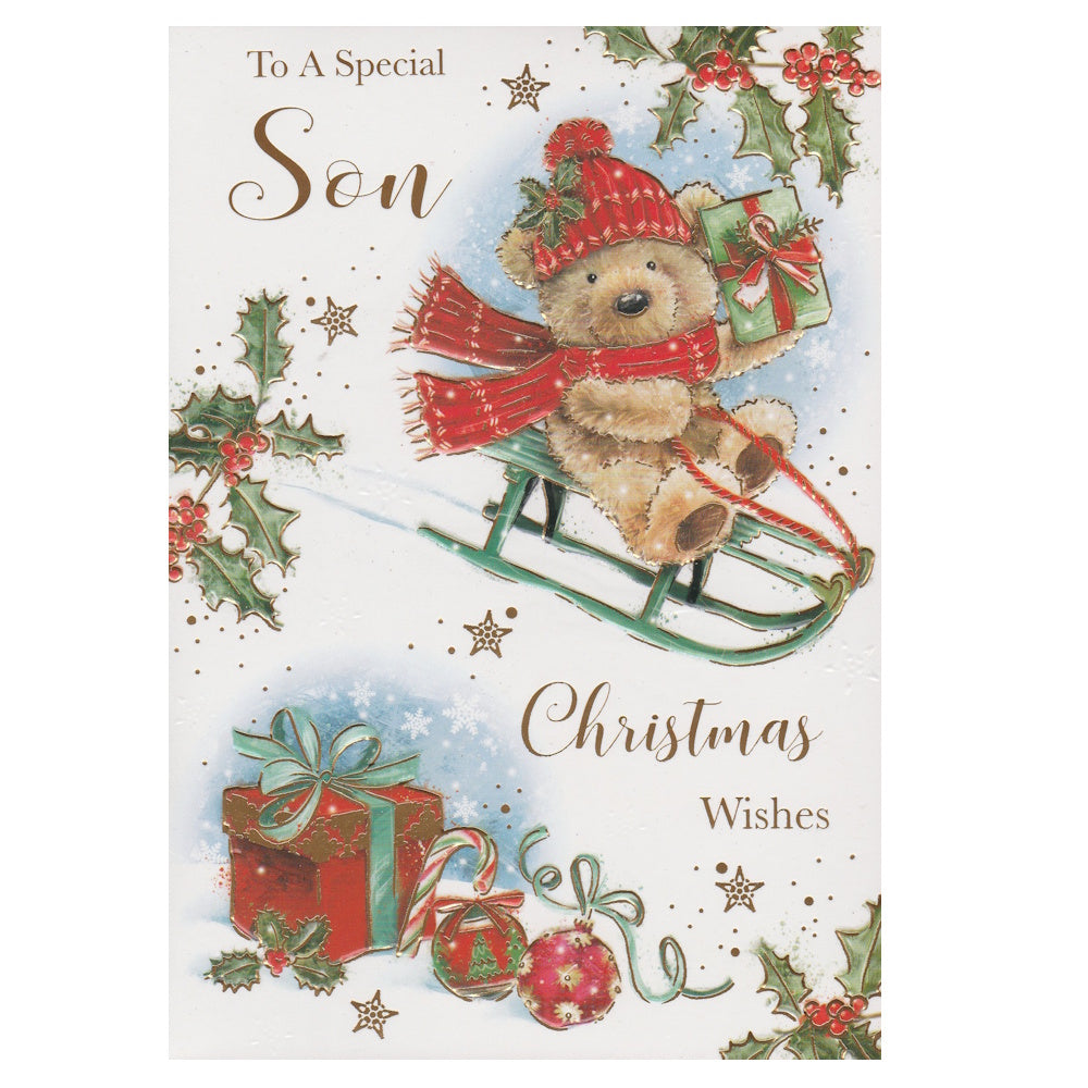 Front of this son Christmas card features an illustration of a teddy bear on a sleigh surrounded by holly, paired with a message.