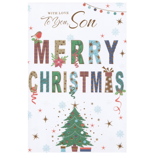 Front of this son Christmas card features an illustration of a decorated Christmas tree with the text 'WITH LOVE TO YOU Son' 'MERRY CHRISTMAS'.