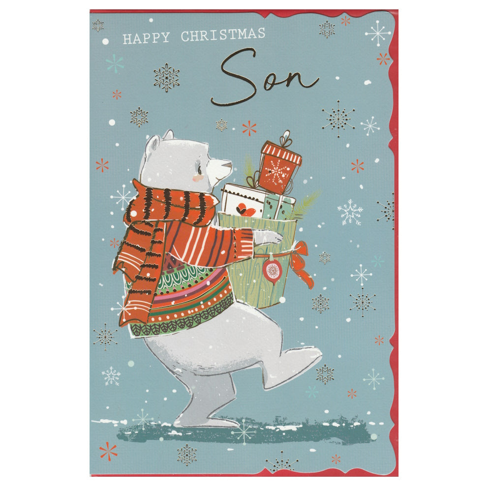 Front of this son Christmas card features an illustration of a polar bear wearing a striped jumper carrying a basket of presents, paired with a message.