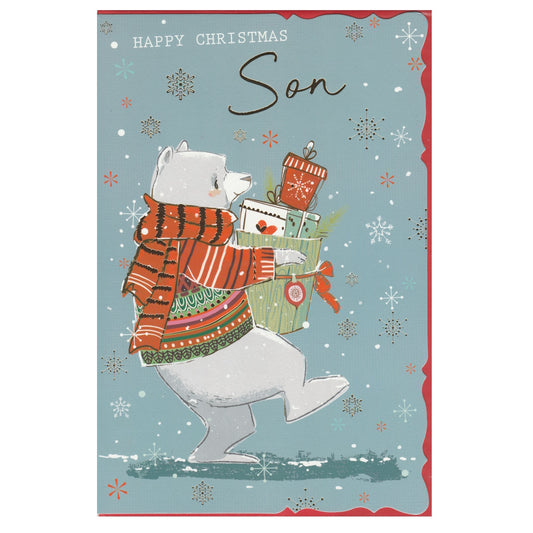 Front of this son Christmas card features an illustration of a polar bear wearing a striped jumper carrying a basket of presents, paired with a message.