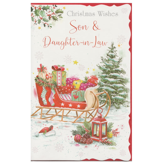 Front of this son and daughter-in-law Christmas card features an illustration of a gift laden sleigh in a traditional Christmas scene, paired with a message.
