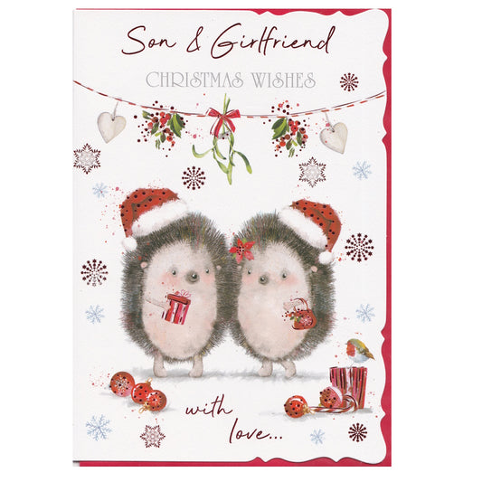 Front of this son & girlfriend Christmas card, features an illustration of two festive themed hedgehogs underneath a garland of mistletoe, paired with a message.
