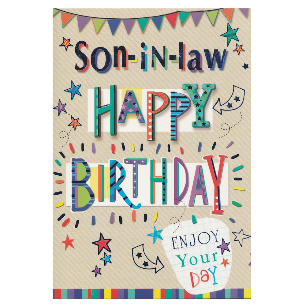 Front of this son-in-law birthday card features the text 'Son-iN-LaW' HAPPY BiRTHDAY' 'ENJOY YOUR DAY', surrounded by stars and bunting.
