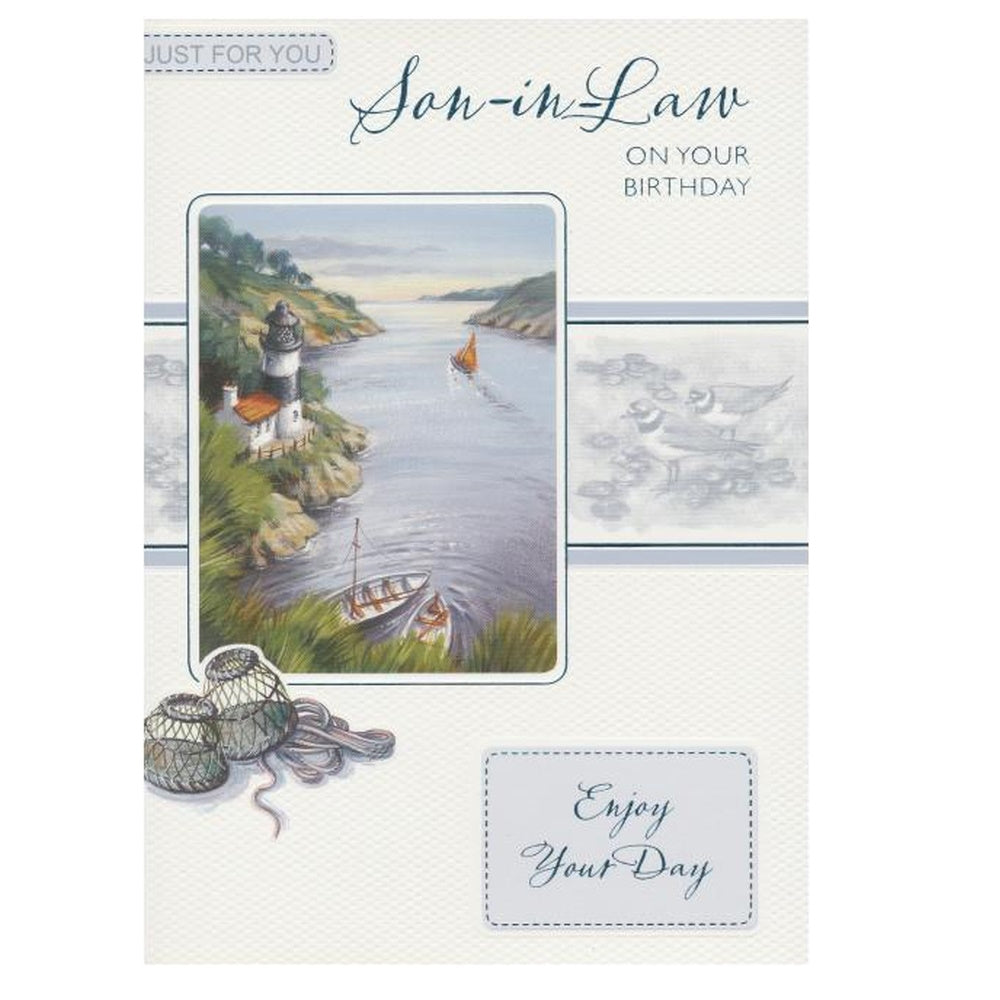 Front of this card features an illustration of a lighthouse scene, a boat on the water, and a fishing net with the text 'Enjoy Your Day'.