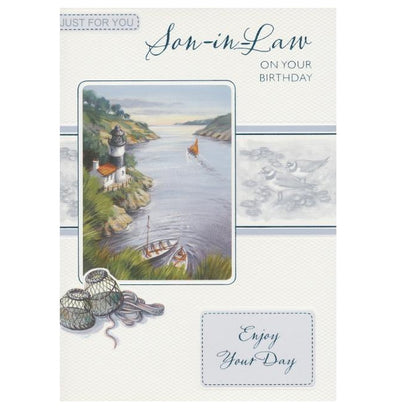Front of this card features an illustration of a lighthouse scene, a boat on the water, and a fishing net with the text 'Enjoy Your Day'.