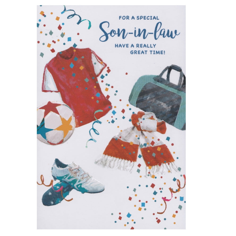 Front of this card features illustrations of a red shirt, a pair of trainers, a football, paired with a message.