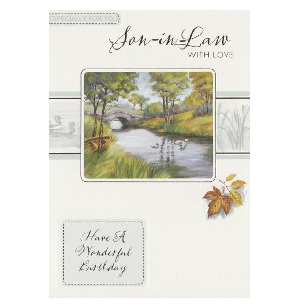 Front of this card features an illustration of a bridge in a country setting, paired with a message, as shown in product photo.