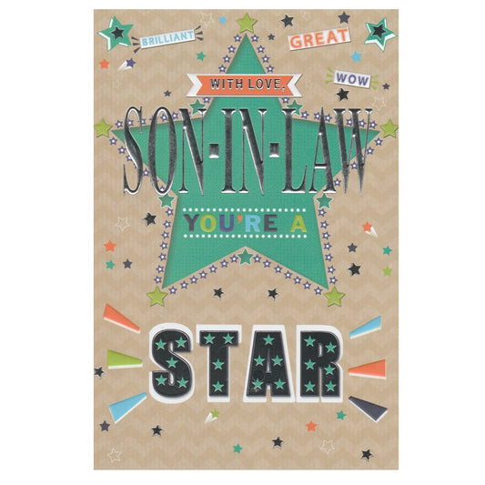 Front of this card features a large star with the text 'WITH LOVE, SON-IN-LAW YOU'RE A STAR'.