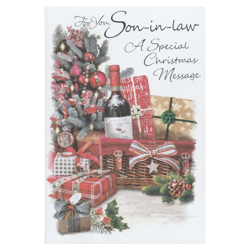 Front of this son-in-law Christmas card features an illustration of a Christmas hamper basket filled with Christmas presents, with the text 'For You, Son-in-law A Special Christmas Message'.