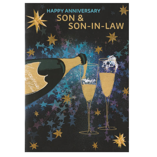 Front of this son & son-in-law wedding day greeting card features an illustration of a champagne bottle pouring champagne into two glasses.