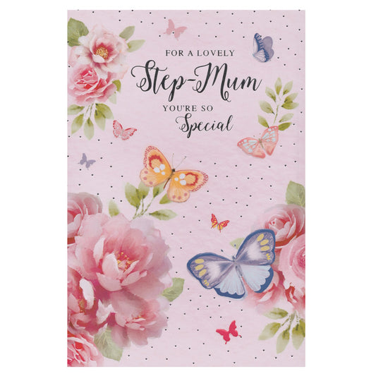 Front of this card features illustrations of flowers and butterflies, on a pink background, with the text 'FOR A LOVELY STEP-MUM YOU'RE SO SPECIAL'.