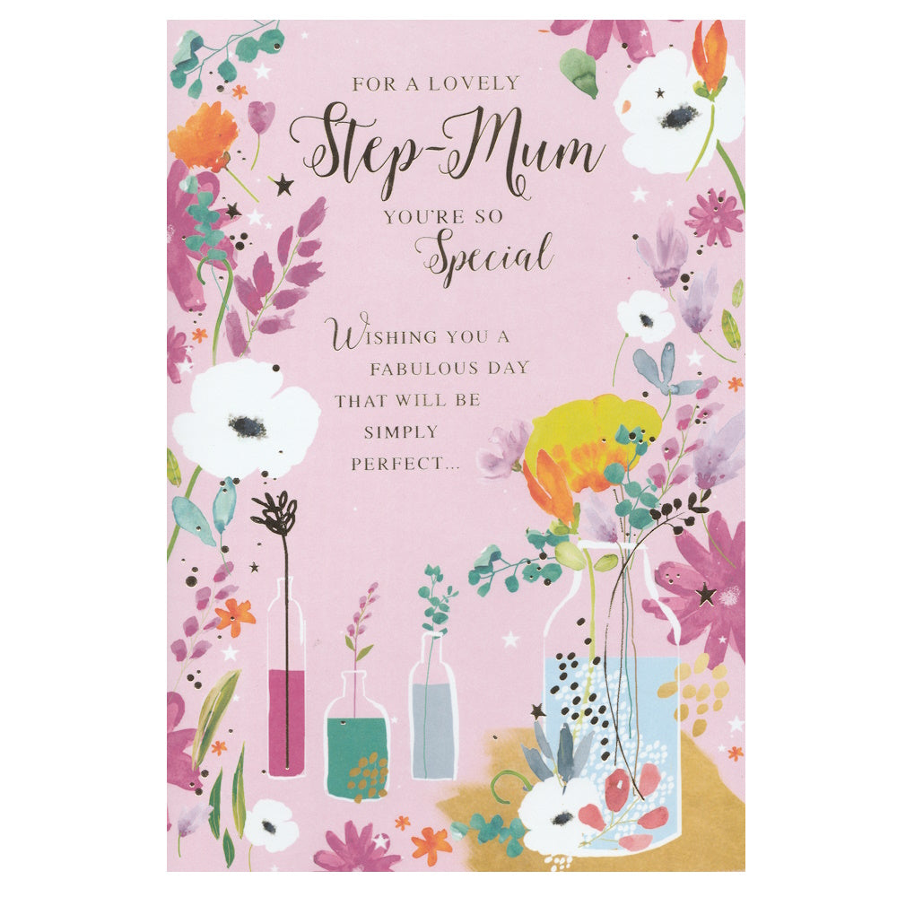 Front of this card features illustrations of flowers and bottles, on a pink background, paired with a message.