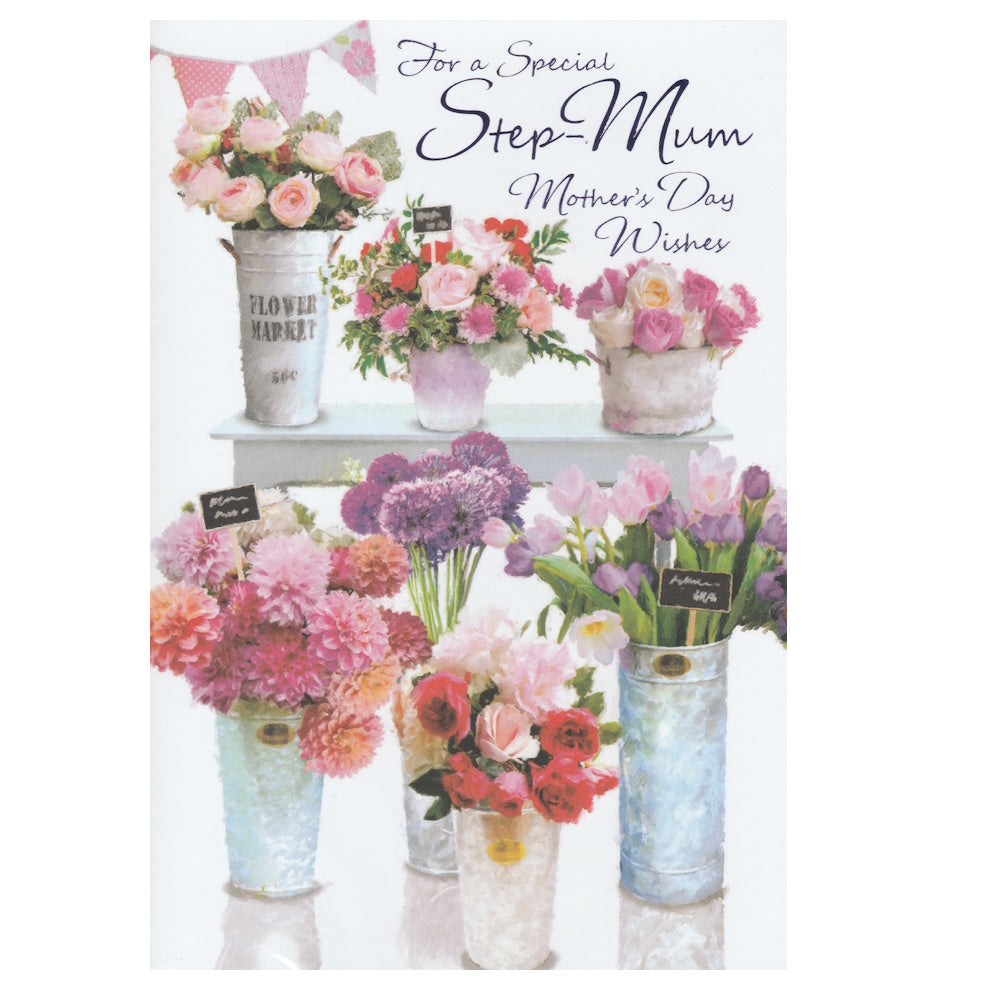 Front of this card features illustrations of multiple flower pots and vases filled with different flowers with the words 'For a special Step Mum on Mother's Day'.