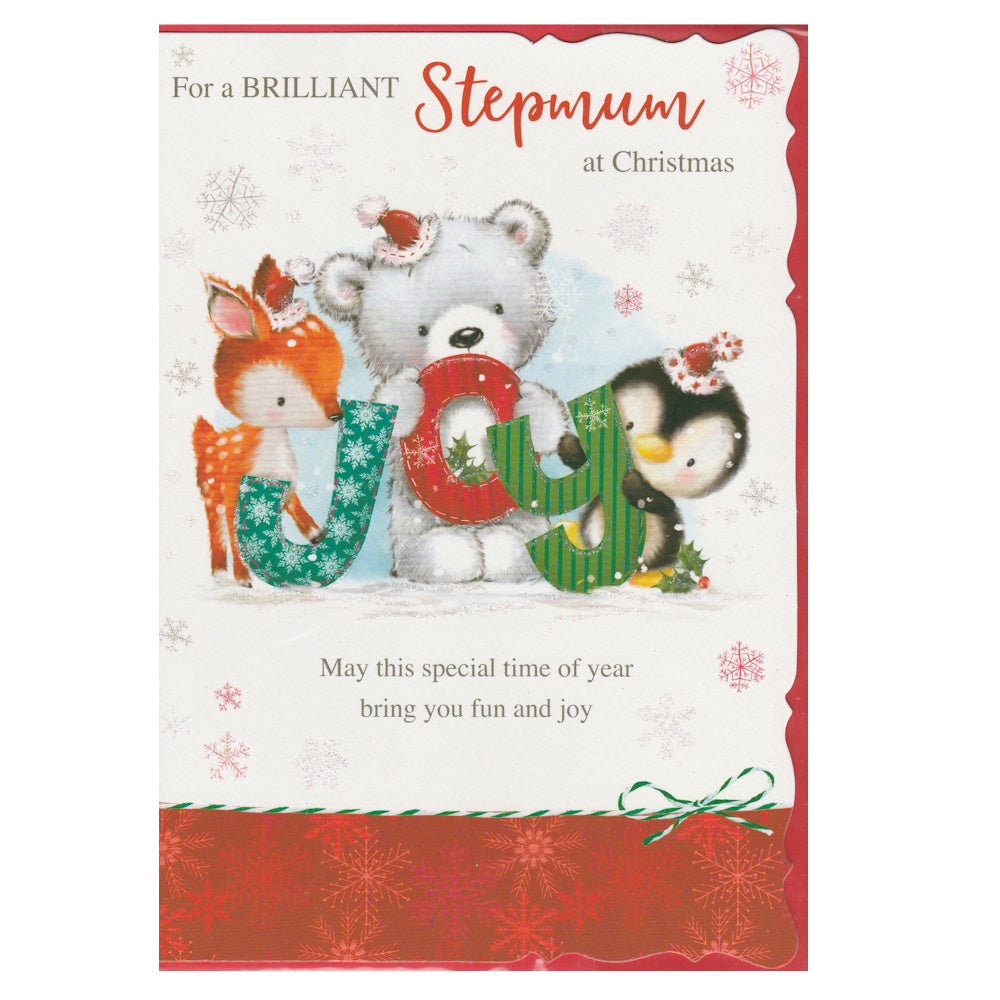 Front of this step-mum Christmas card features an illustration of a reindeer, teddy bear and penguin, paired with a message.