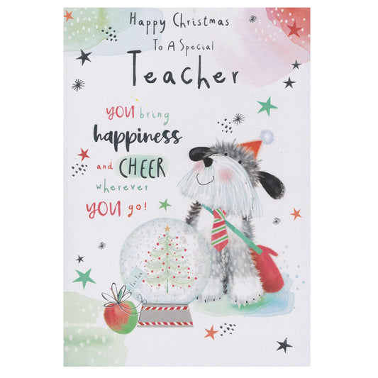 This Teacher Christmas card has an illustration of a cartoon dog with a Christmas snow globe with silver foil detail.