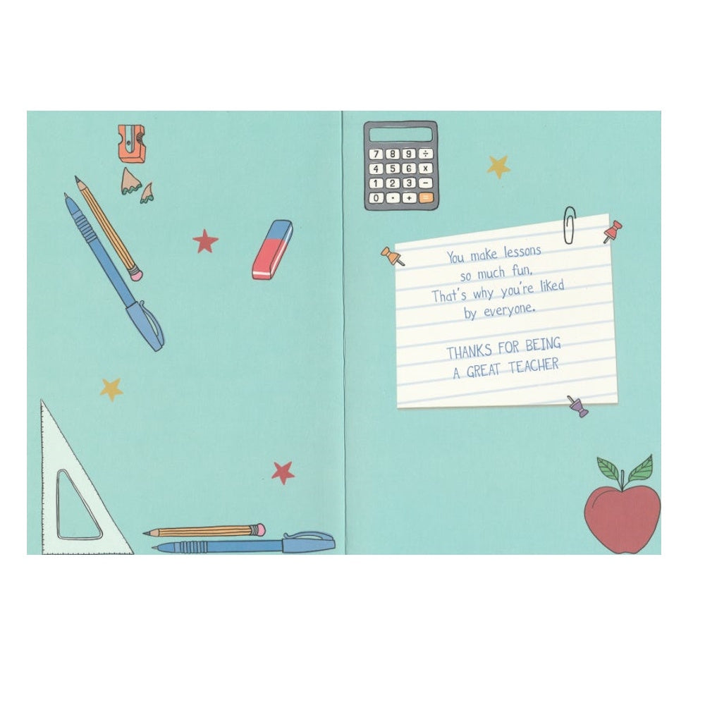 Front of this thank you teacher card features illustrations of school-related items like pencils, paper, and a calculator, arranged on a yellow background.