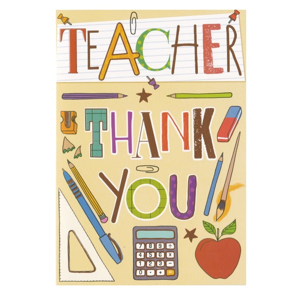Front of this thank you teacher card features illustrations of school-related items like pencils, paper, and a calculator, arranged on a yellow background.