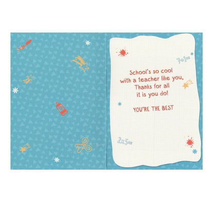 Front of this thank you teacher card features an illustration of an owl wearing a graduation cap, paired with a message.