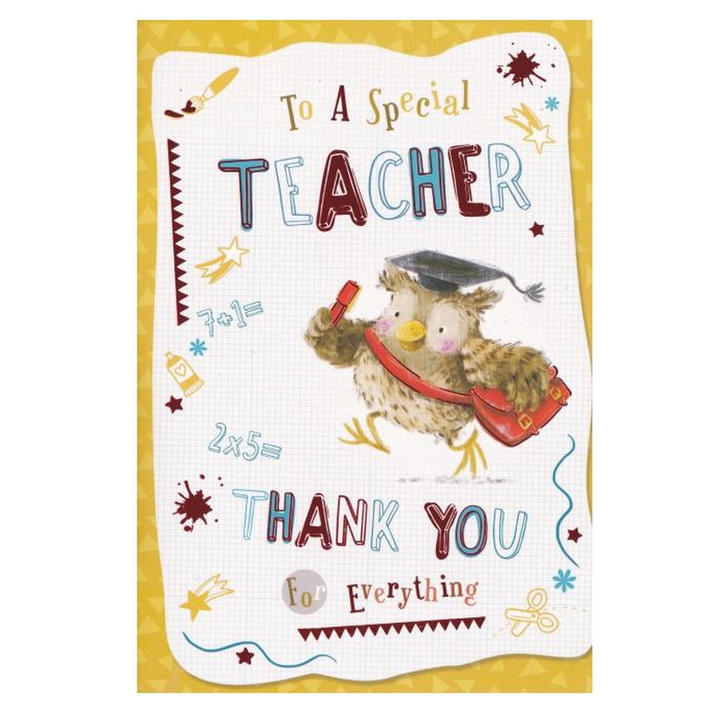 Front of this thank you teacher card features an illustration of an owl wearing a graduation cap, paired with a message.
