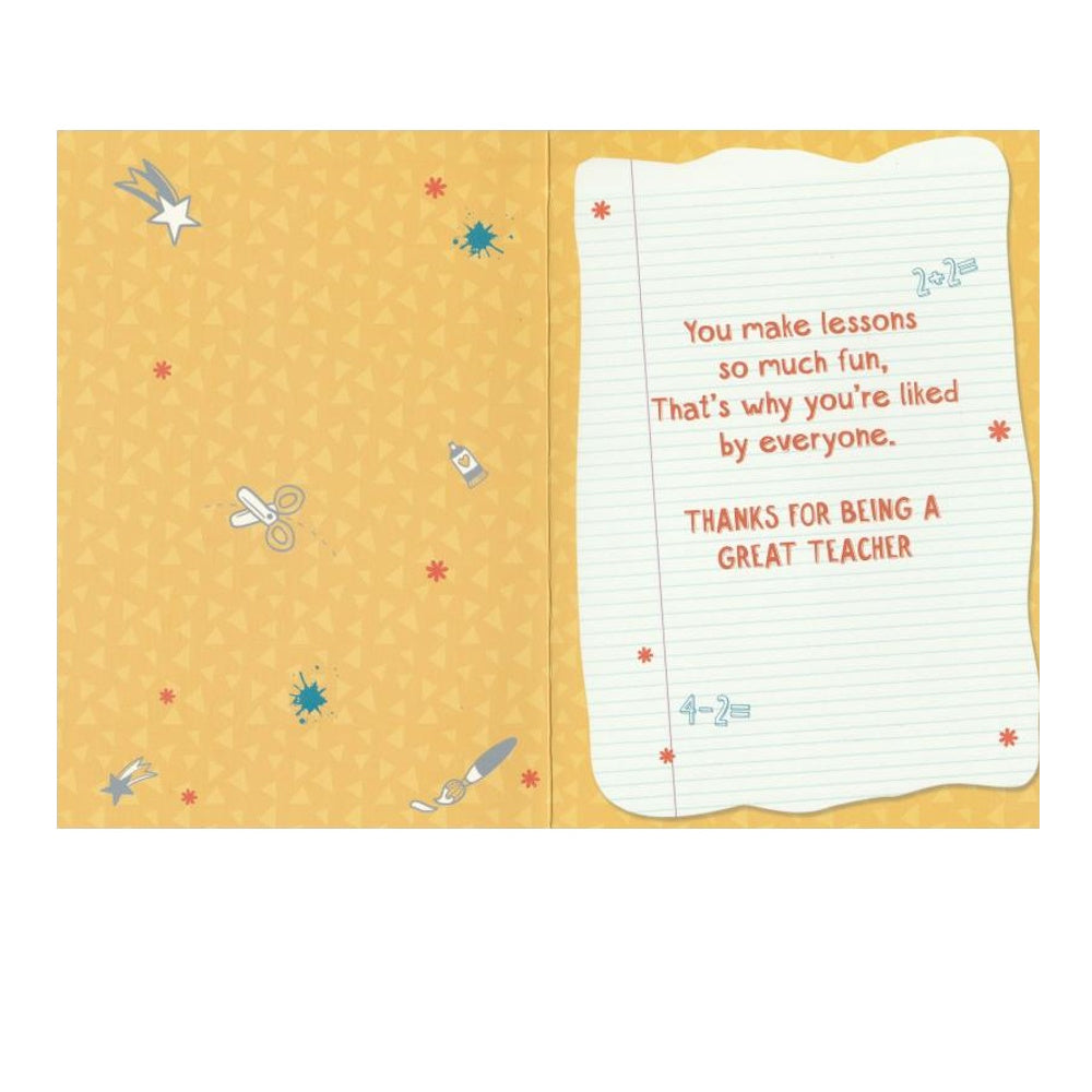 Front of this thank you teacher card features an illustration of an owl holding school books, with a apple and the text 'Thank You Teacher You are the BEST!'.