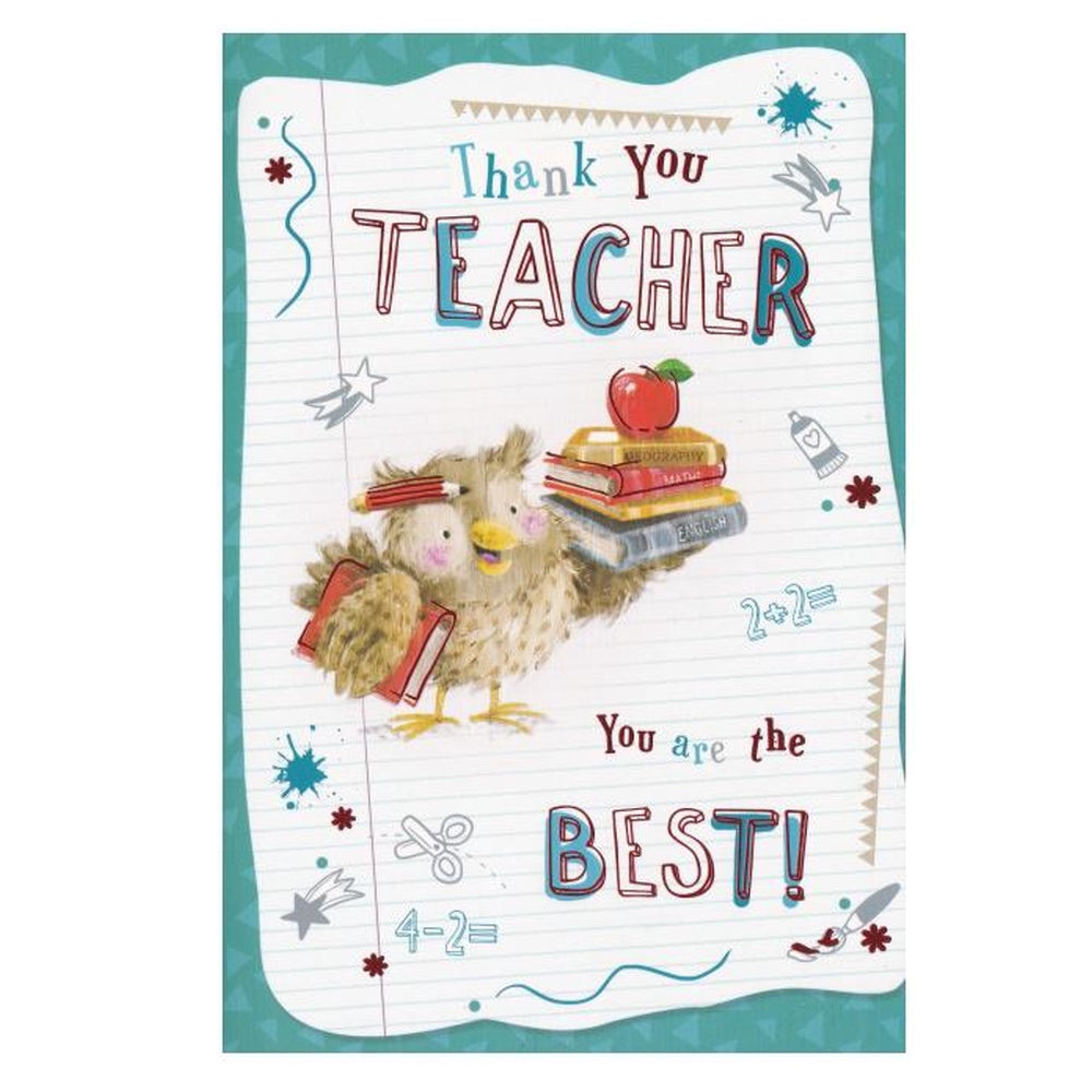 Front of this thank you teacher card features an illustration of an owl holding school books, with a apple and the text 'Thank You Teacher You are the BEST!'.