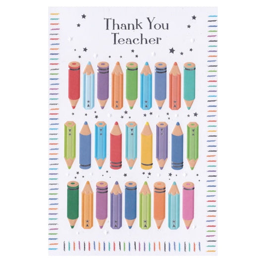 Front of this thank you teacher card features illustrations of coloured pencils, paired with a message.
