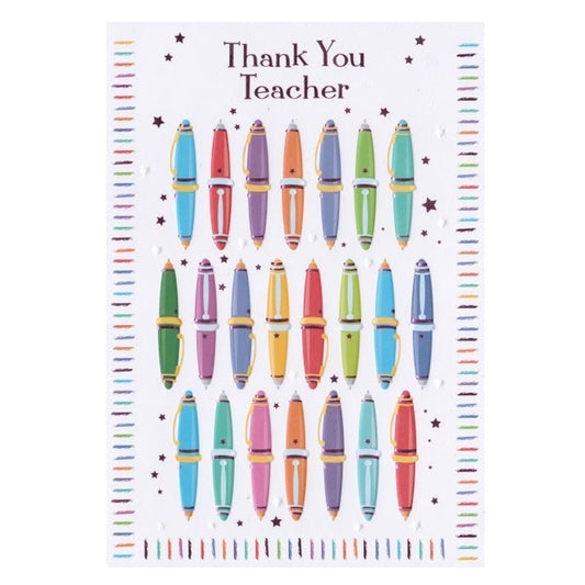 Front of this thank you teacher card features illustrations of coloured pens and stars, paired with a message.