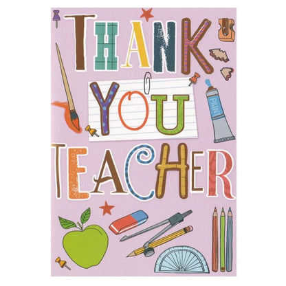 Front of this thank you teacher card features multicoloured illustrations of school stationery, paired with a message.