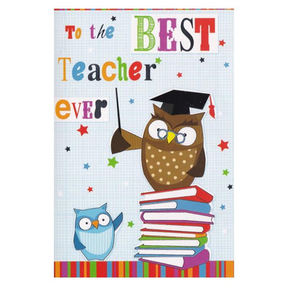 Front of this thank you teacher card features an illustration of an owl teacher and a smaller owl student with a message to the best teacher ever.