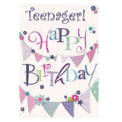 Front of this card features an illustration of multicolored bunting with the words 'Teenager Happy Birthday' written across the top, surrounded by flowers.