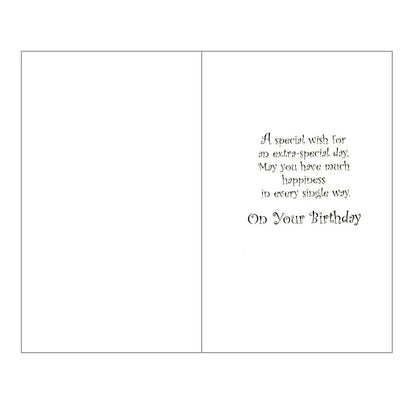 Front of this card features multicoloured bunting fastened onto a line by buttons with the text 'Wonderful Teenager BIRTHDAY Wishes', as shown in product photo.