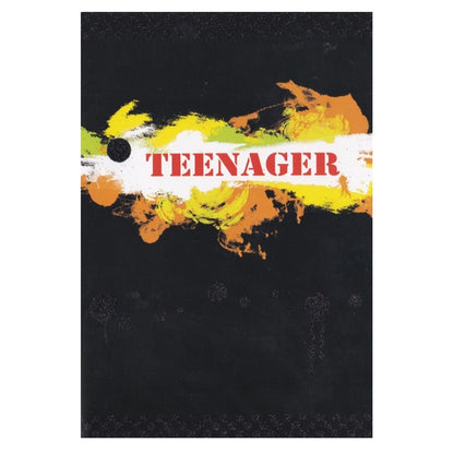 This teenager birthday card has the red text 'TEENAGER' on a fiery yellow banner, with a black background. Glitter detail.
