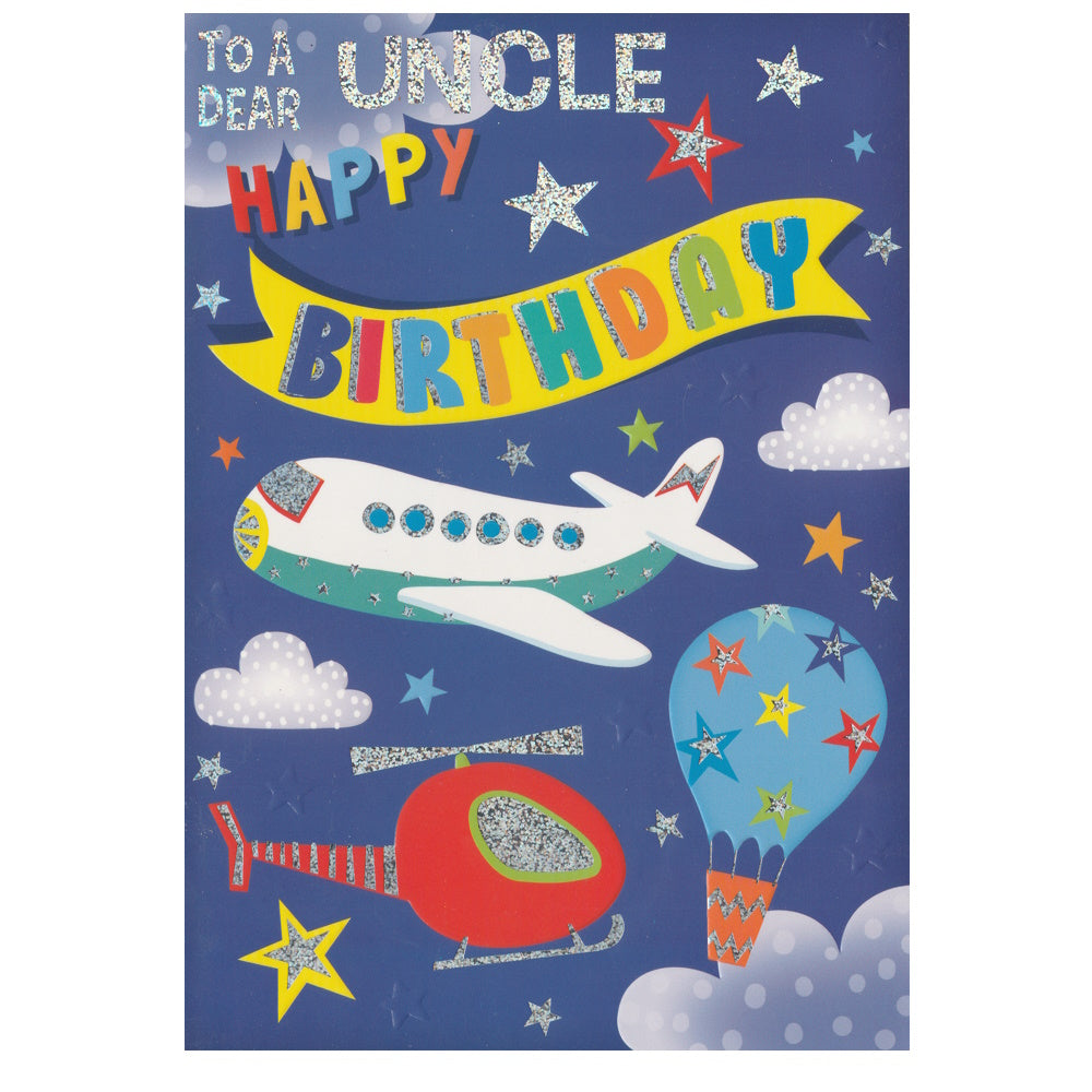 This uncle birthday card has illustrations of a green and white airplane, a blue hot air balloon and a red helicopter with the text 'To A Dear Uncle Happy Birthday'. Silver foil detail.