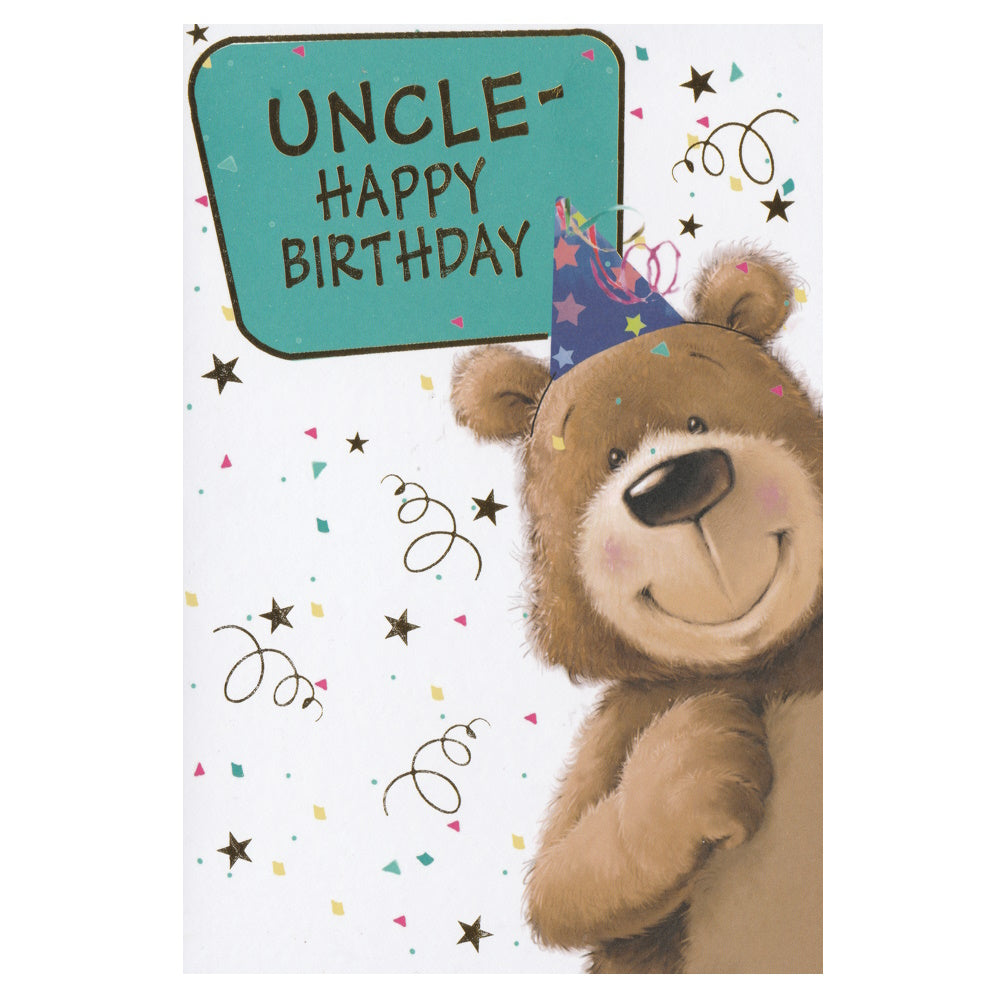 This uncle birthday card has an illustration of a bear wearing a starry party hat, on a stars and swirls background with the text 'UNCLE- HAPPY BIRTHDAY'. Gold foil detail. 