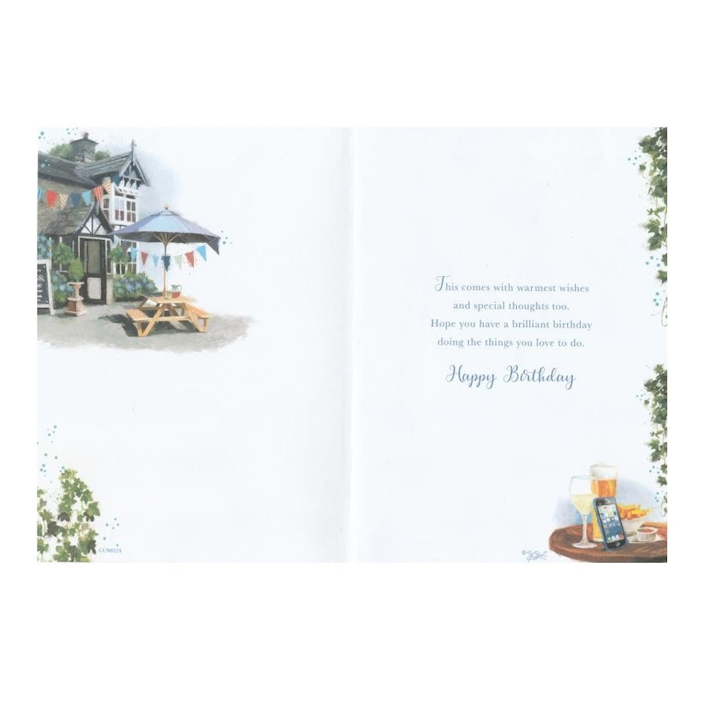 This uncle birthday card has an illustration of a pub garden scene, paired with a message. Gold foil detail.