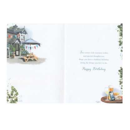 This uncle birthday card has an illustration of a pub garden scene, paired with a message. Gold foil detail.